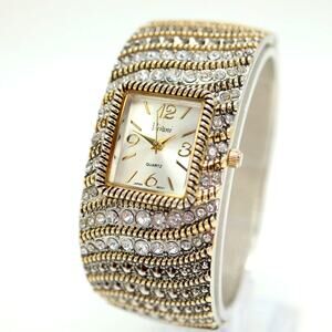 Vintage Vivani Womens Two Tone Gem Set Watch 28mm Bangle Cuff w New Battery